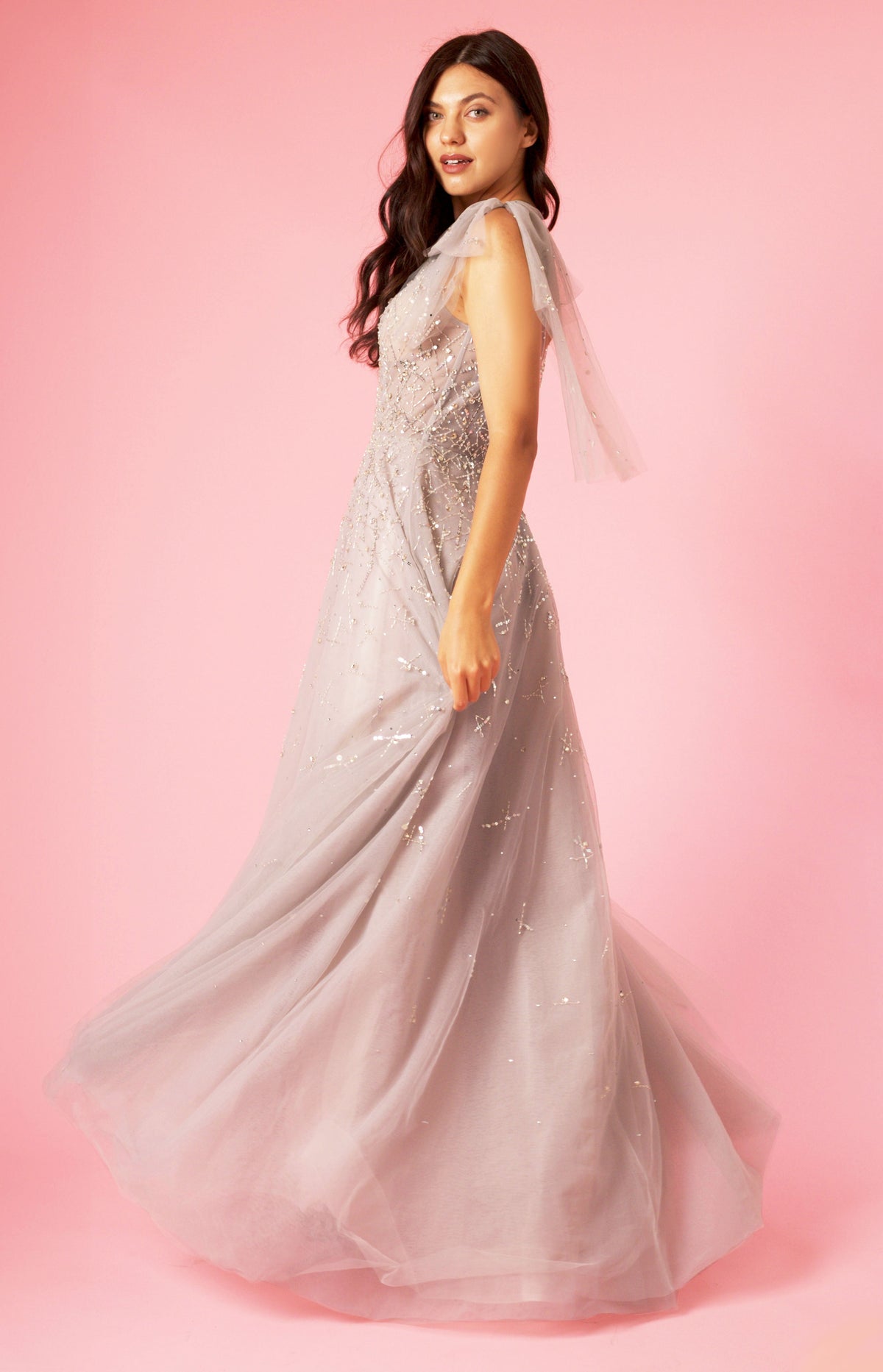 Short Sleeve Silver Formal Evening Dress – Silver