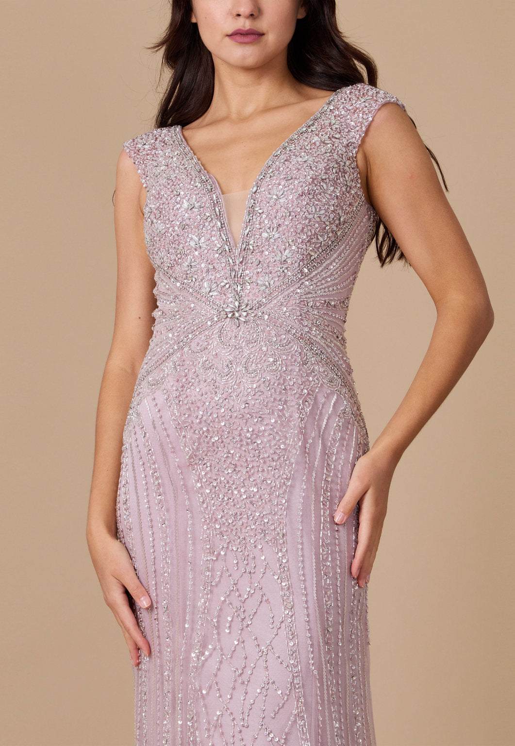 Fully Beaded Long Couture Formal Evening Dress – Antique Silver