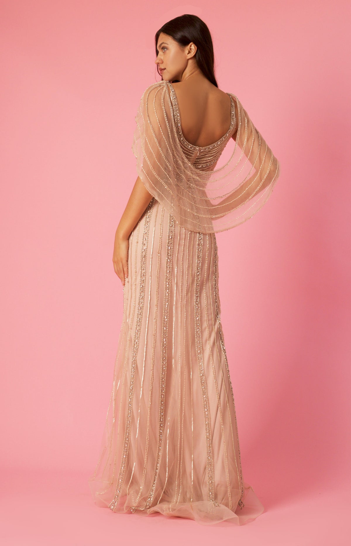Long Couture Hand Beaded Formal Cape Dress – Rosegold