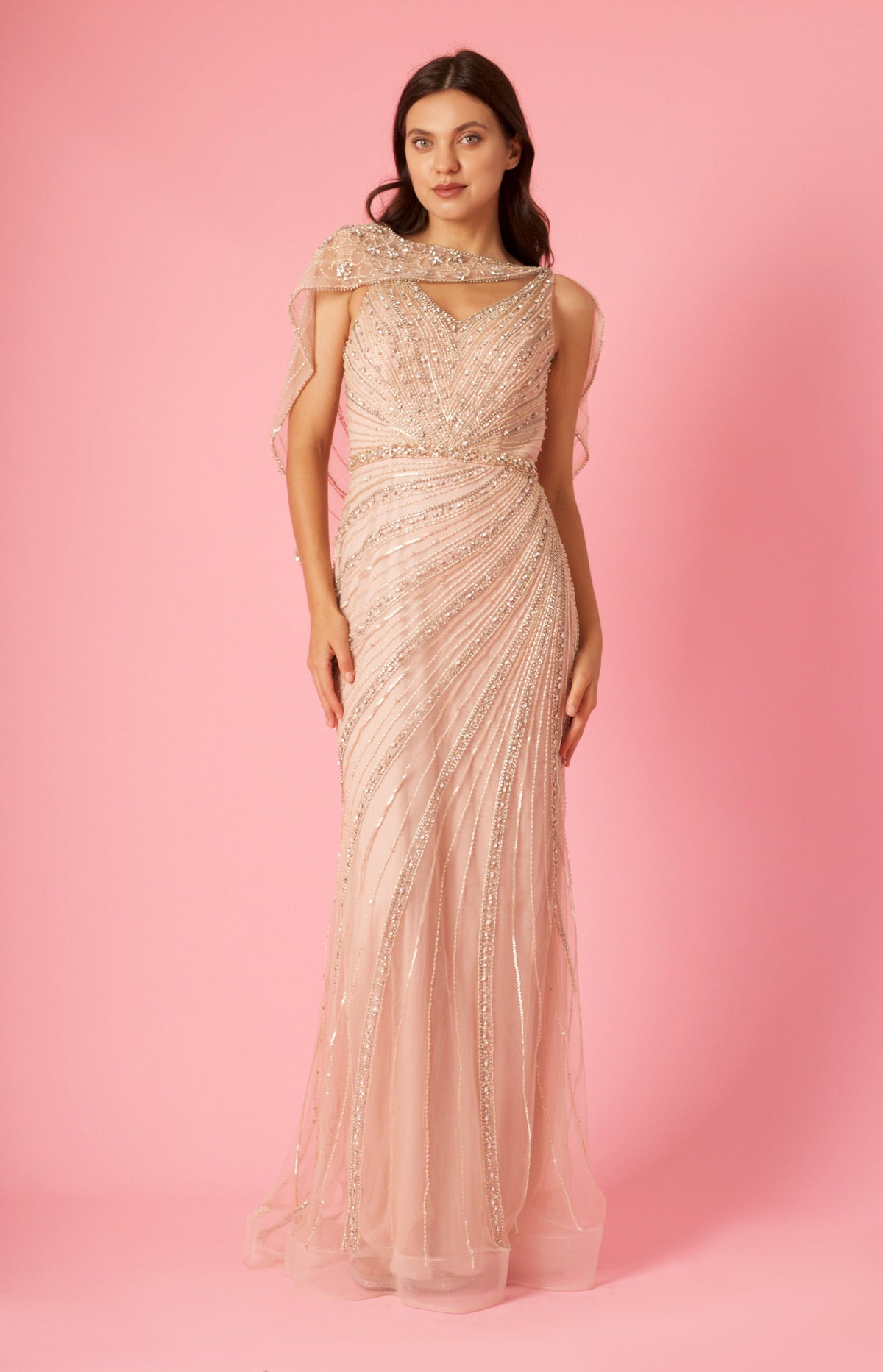 Long Couture Hand Beaded Formal Cape Dress – Rosegold