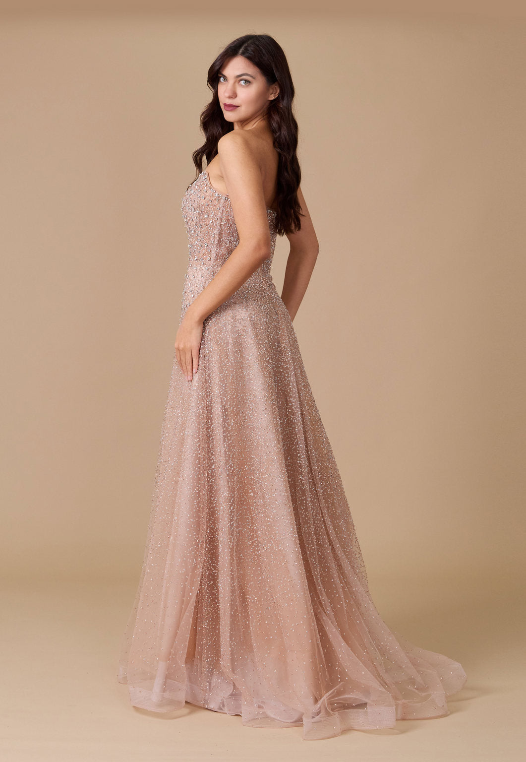 Elegant Hand-Beaded Strapless Evening Gown – Champagne