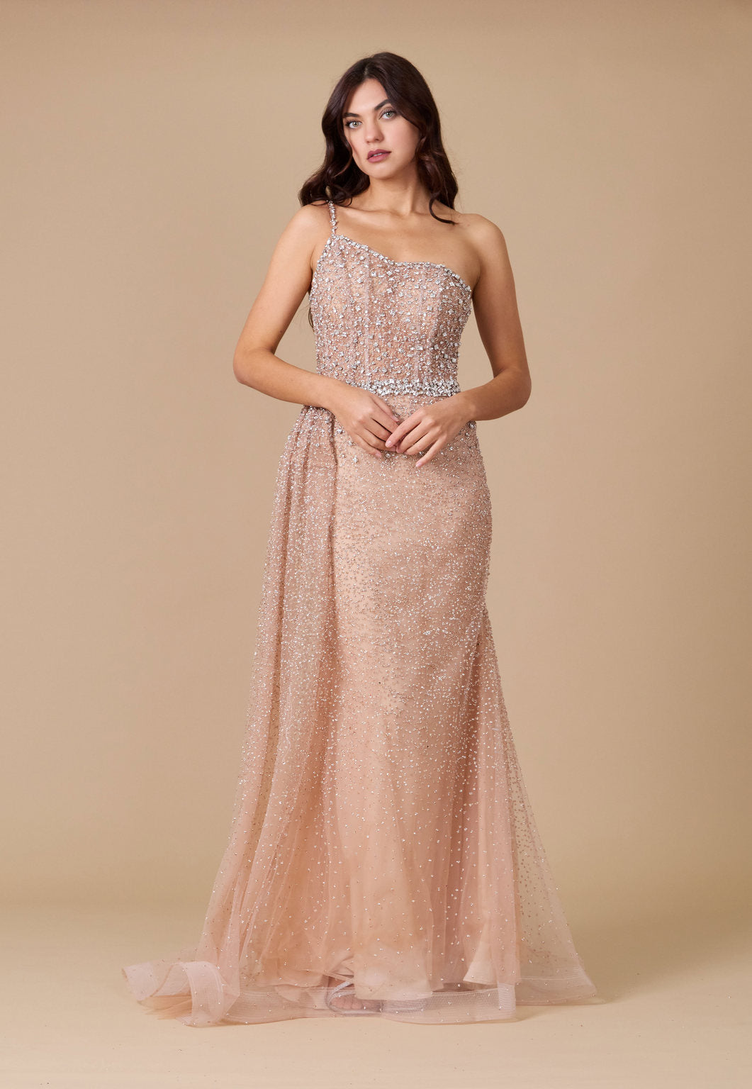 Off-the-Shoulder Hand Beaded Couture Evening Dress – Champagne