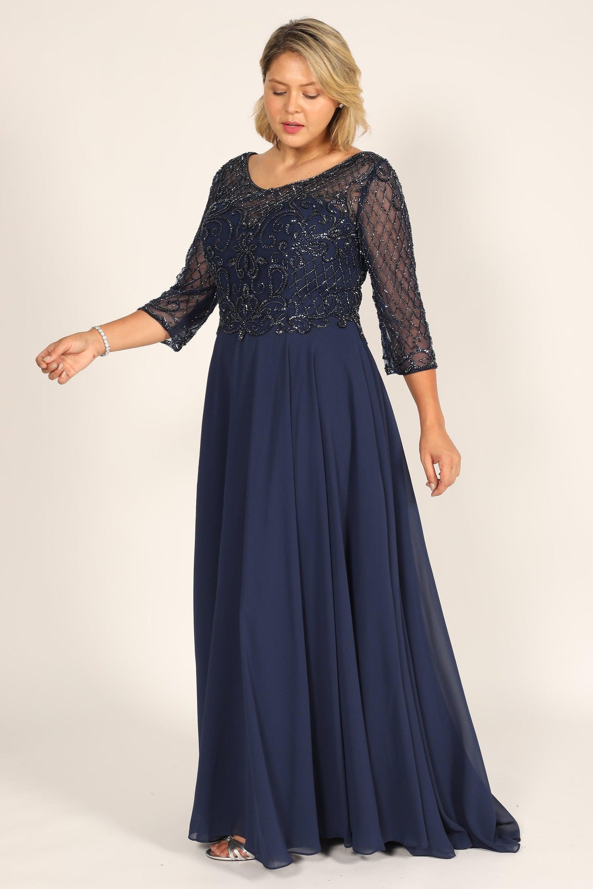 Hand Beaded Long Sleeve Mother of the Bride Dress – Charcoal