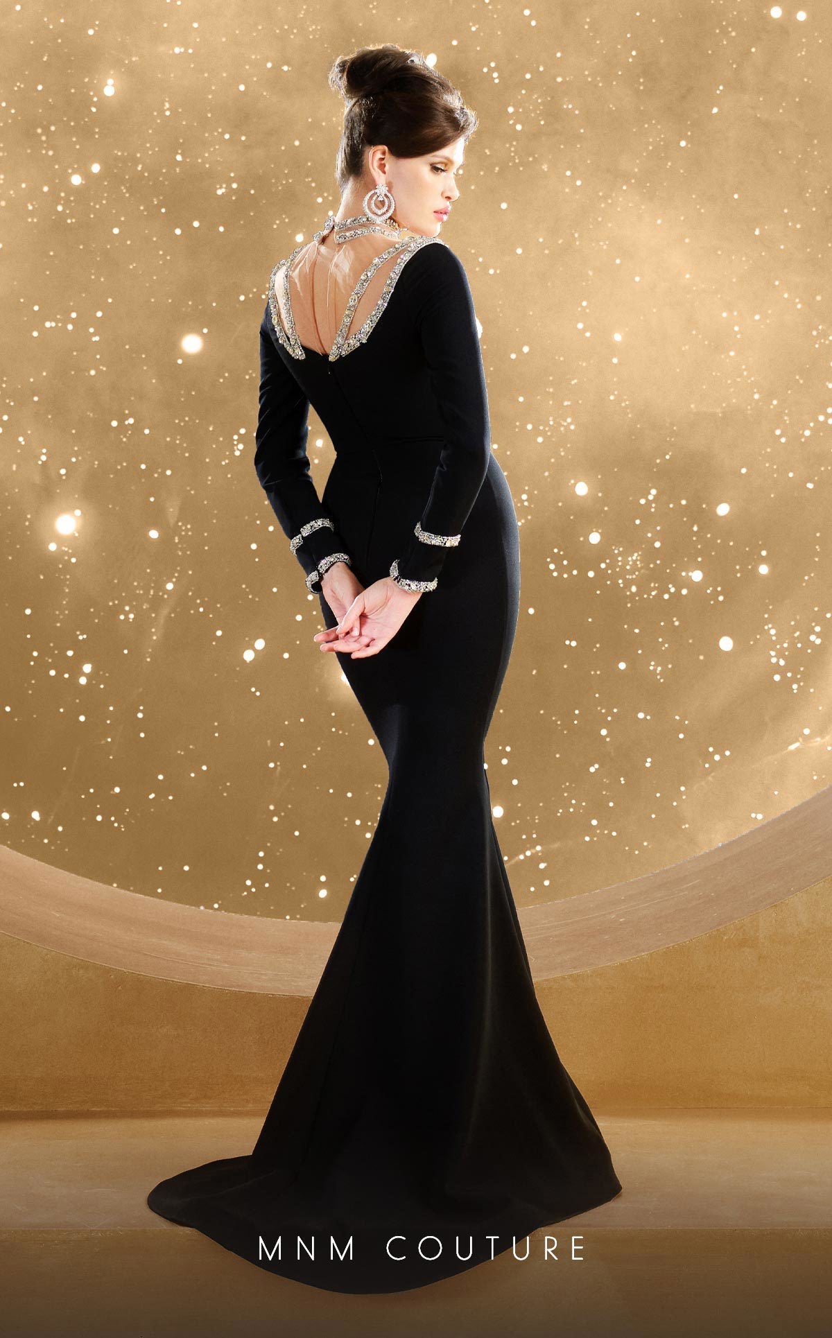 Formal Dresses Beaded Long Sleeve Formal Mermaid Evening Dress Black