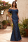 Off-the-Shoulder Floral Jacquard Mermaid Evening Formal Dress – Navy