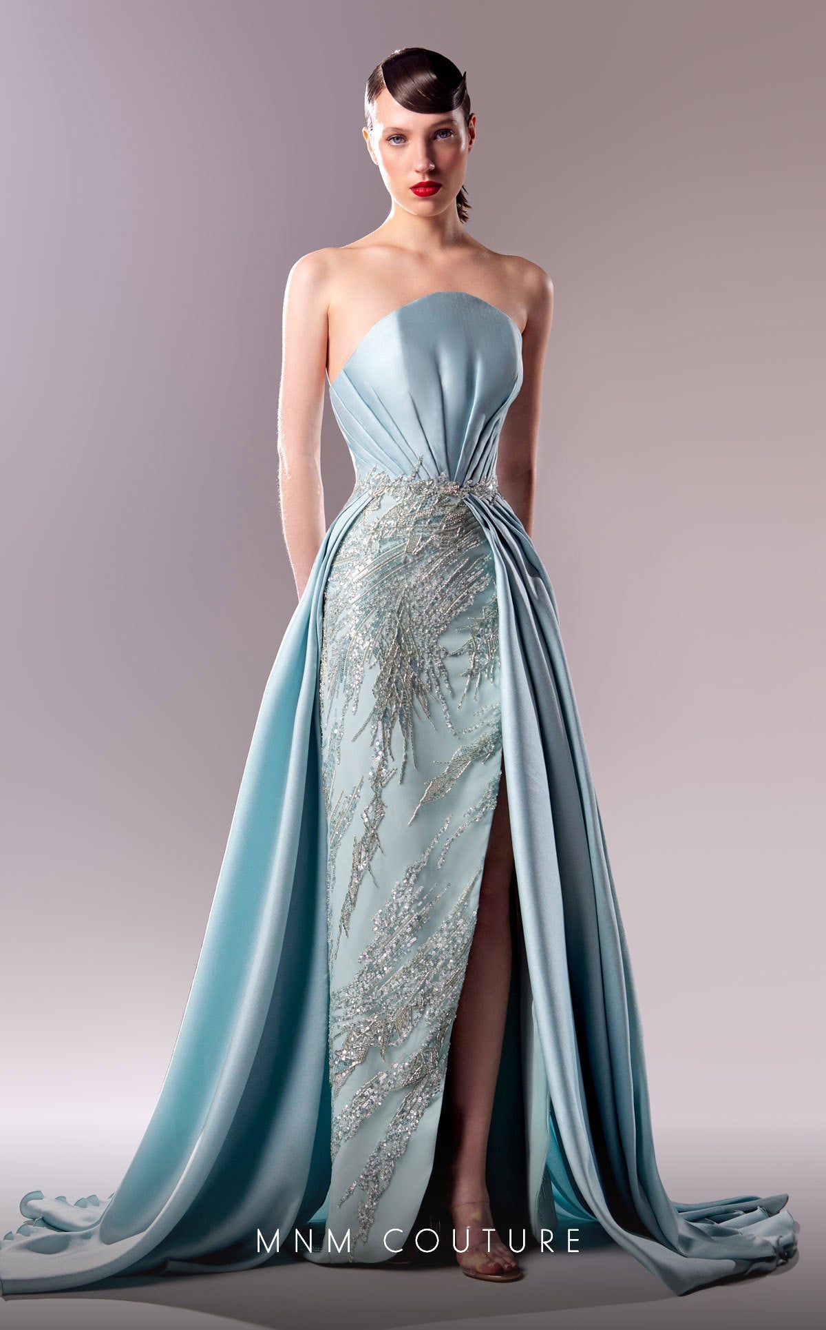 Formal Dresses Fitted Long Beaded Overskirt Slit Formal Dress  Blue