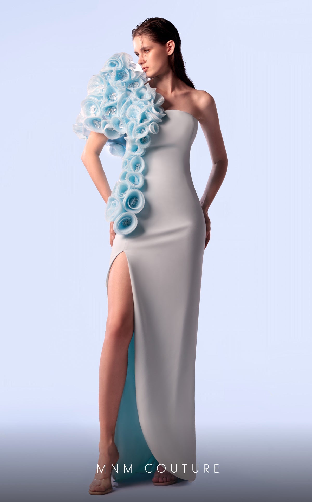 Formal Dresses Fitted Long Formal 3D Flower Evening Prom Dress Blue