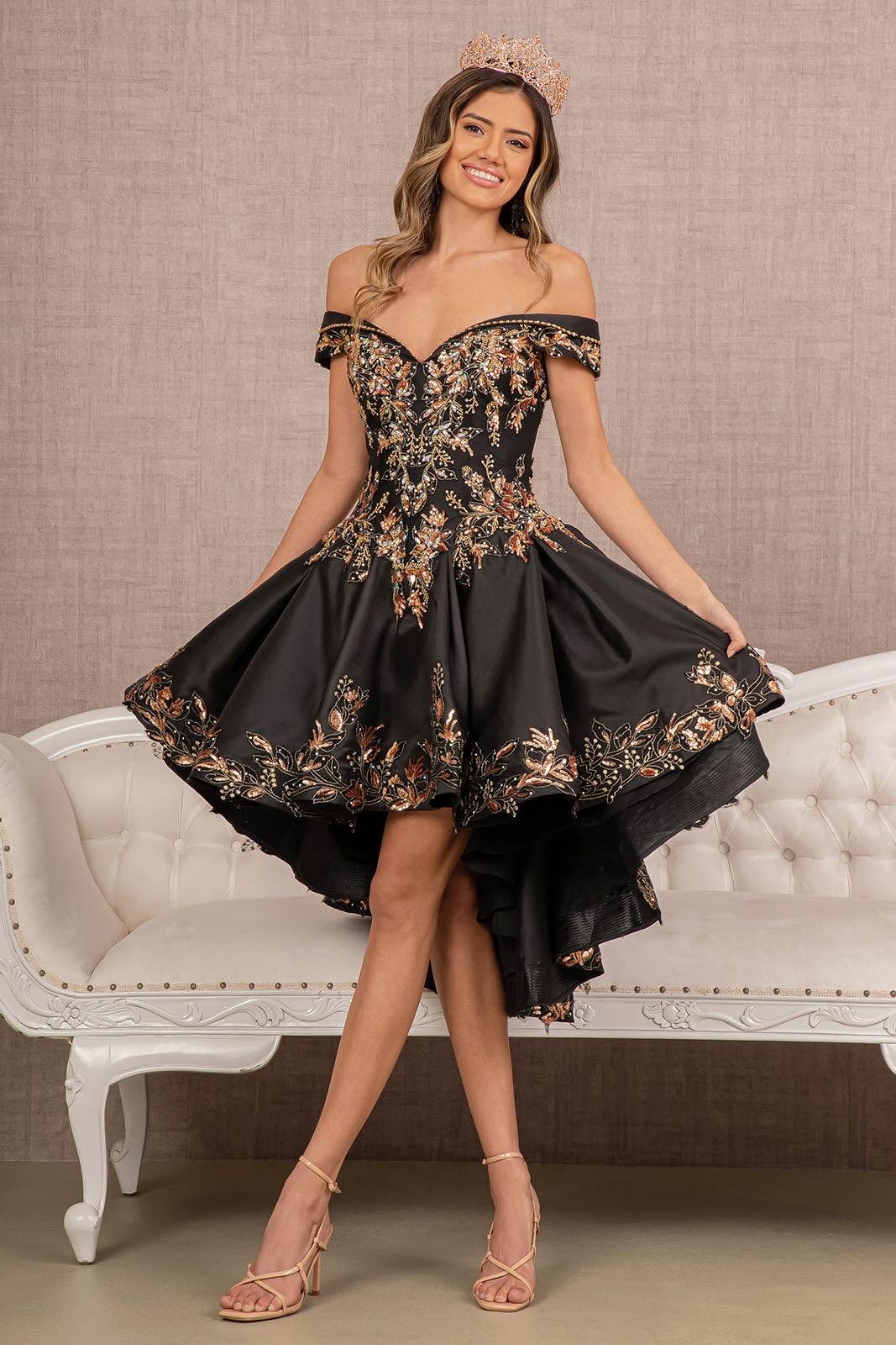 Quinceniera Dresses Long Quinceanera Satin Ball Gown Black/Gold