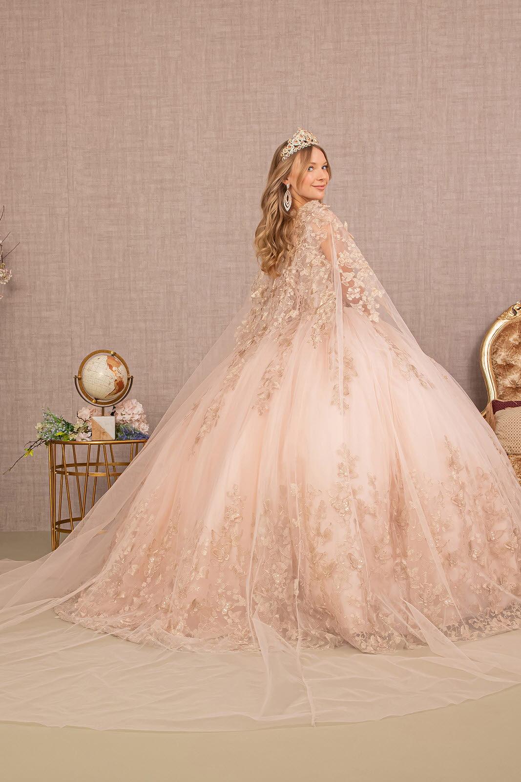 Quinceniera Dresses Long Ball Gown Quinceanera Cape Dress Rose Gold