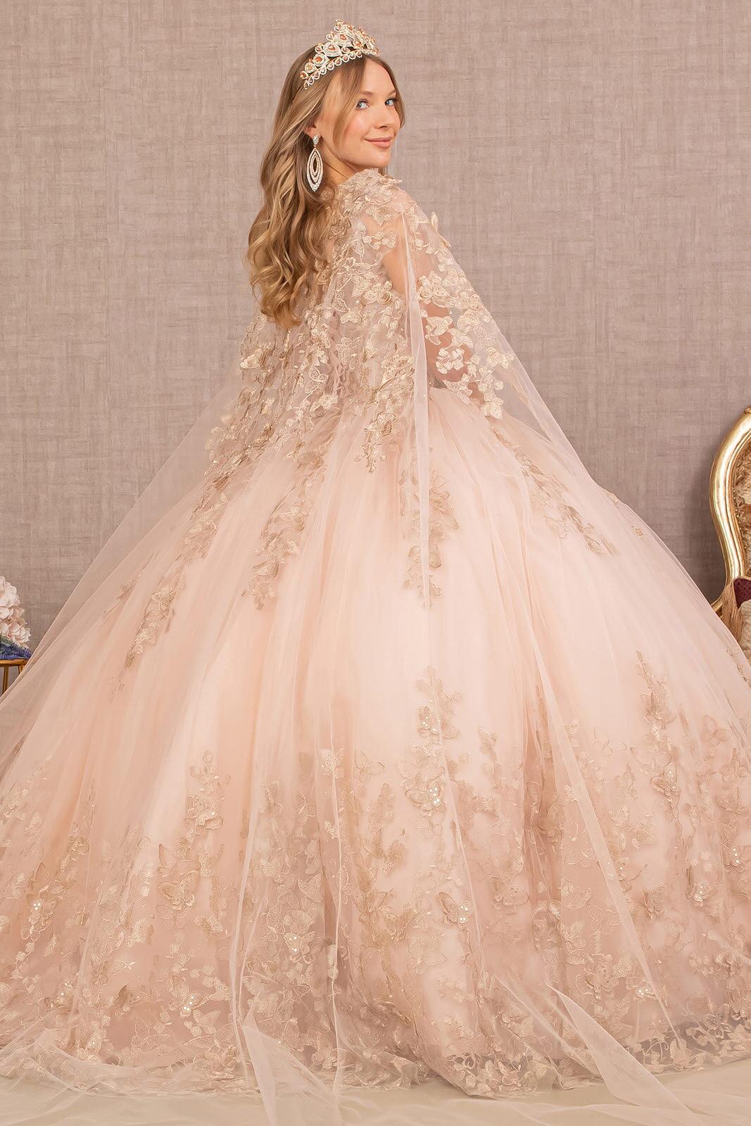 Quinceniera Dresses Long Ball Gown Quinceanera Cape Dress Rose Gold