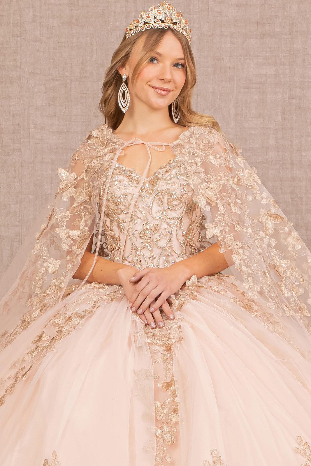 Quinceniera Dresses Long Ball Gown Quinceanera Cape Dress Rose Gold