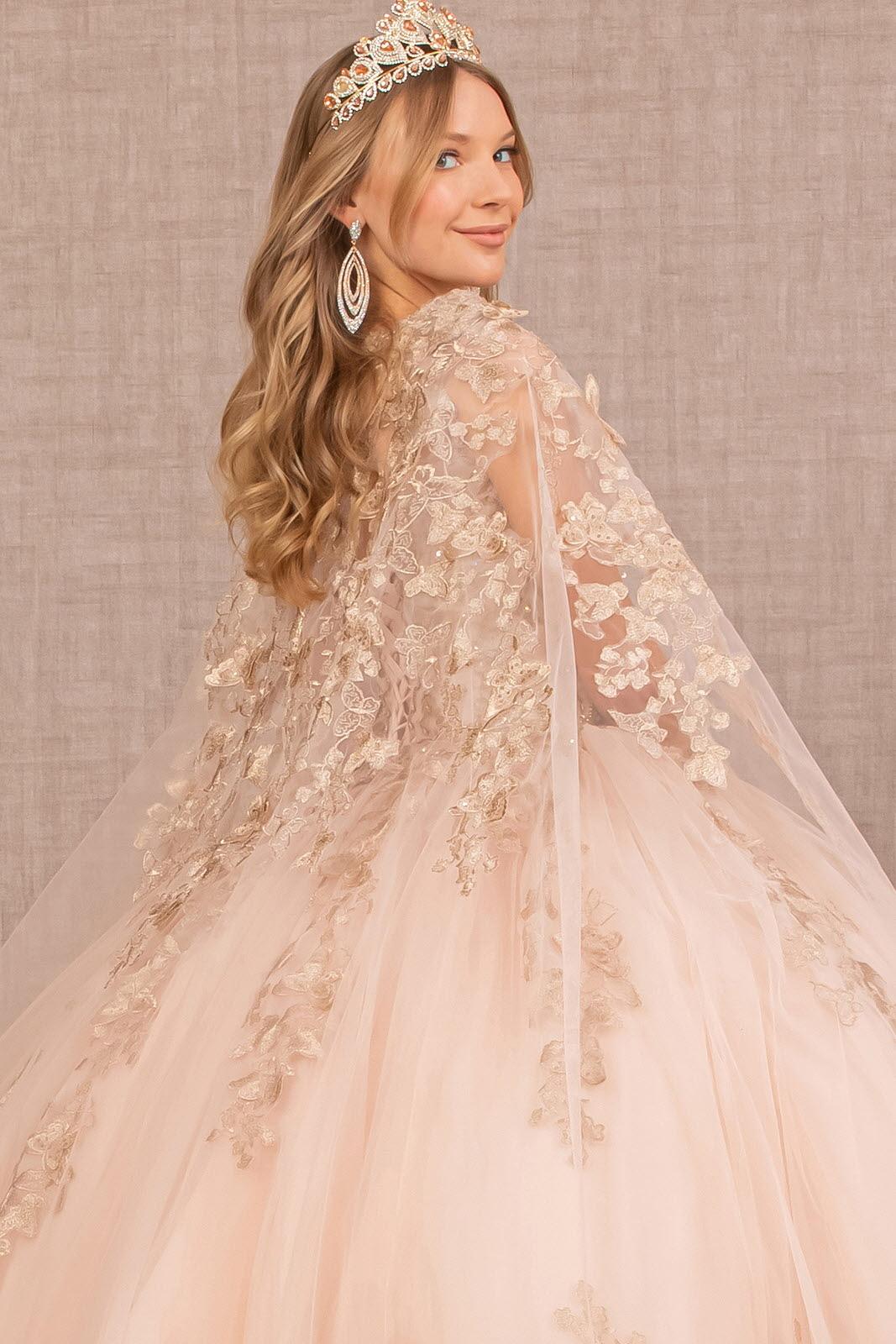 Quinceniera Dresses Long Ball Gown Quinceanera Cape Dress Rose Gold