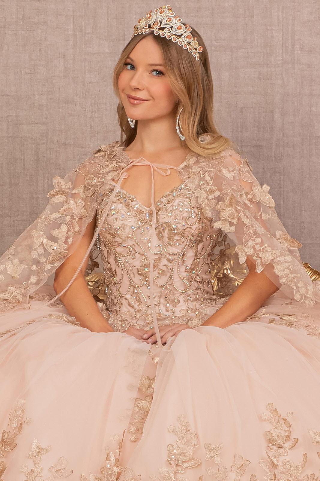 Quinceniera Dresses Long Ball Gown Quinceanera Cape Dress Rose Gold