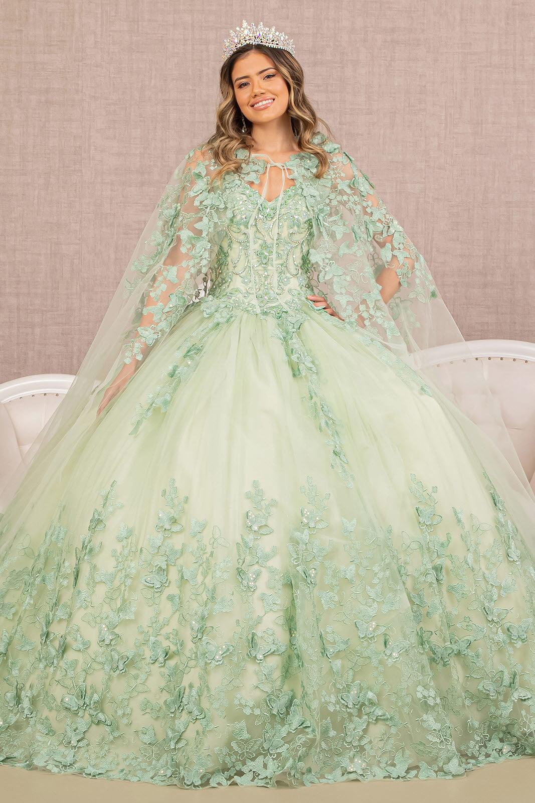 Quinceniera Dresses Long Ball Gown Quinceanera Cape Dress Sage