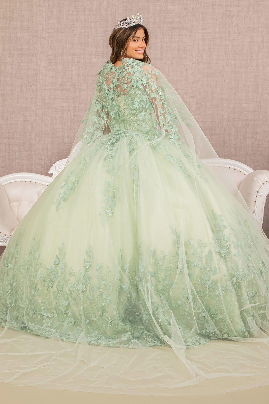 Quinceniera Dresses Long Ball Gown Quinceanera Cape Dress Sage