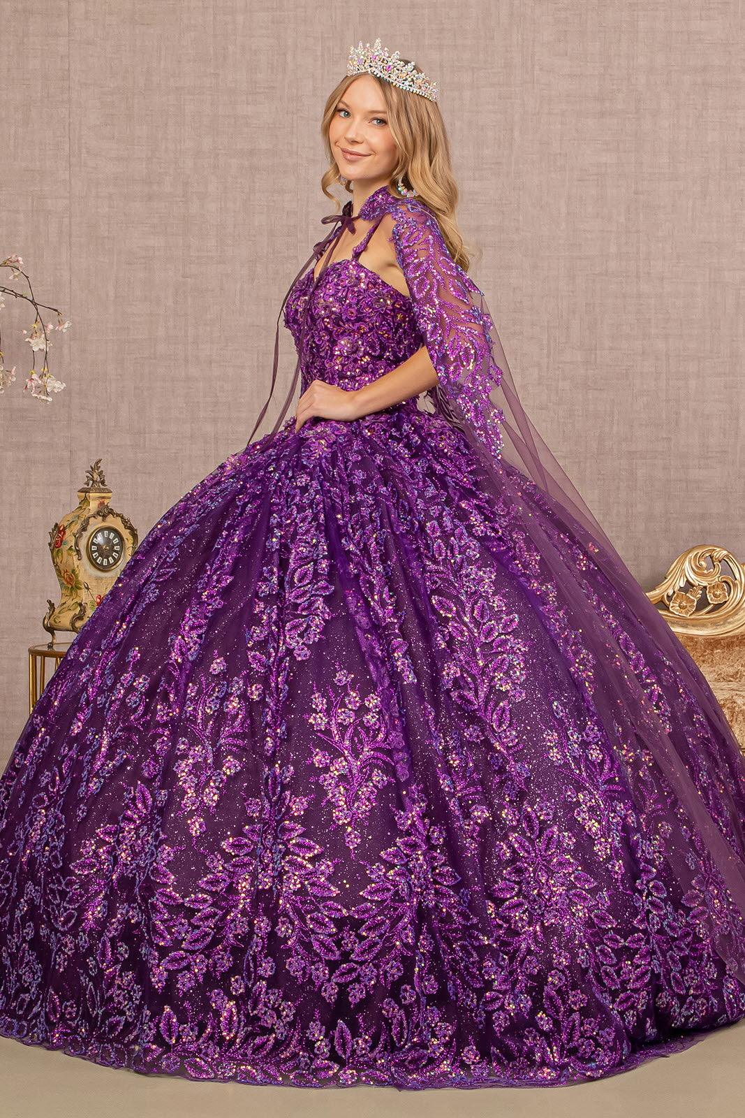 Quinceniera Dresses Long Quinceanera Glitter Cape Ball Gown Purple