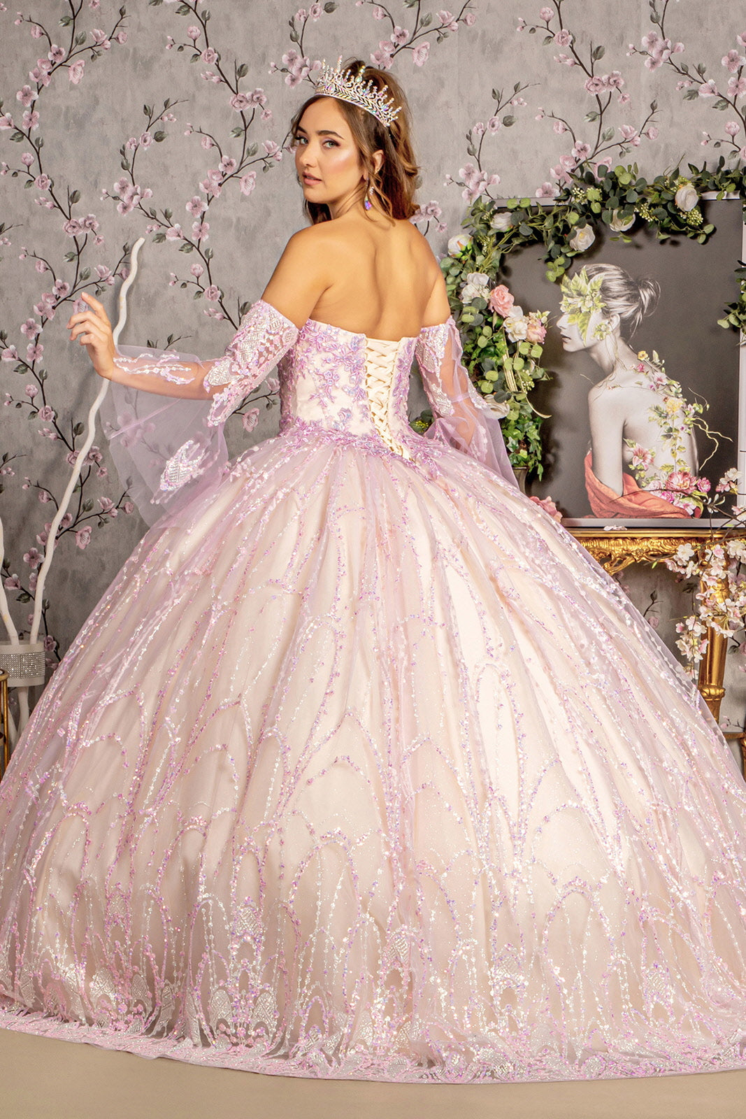 Quinceniera Dresses Jewel Sequin Detachable Long Sleeves Quinceanera  Ball Gown Lilac/Champagne