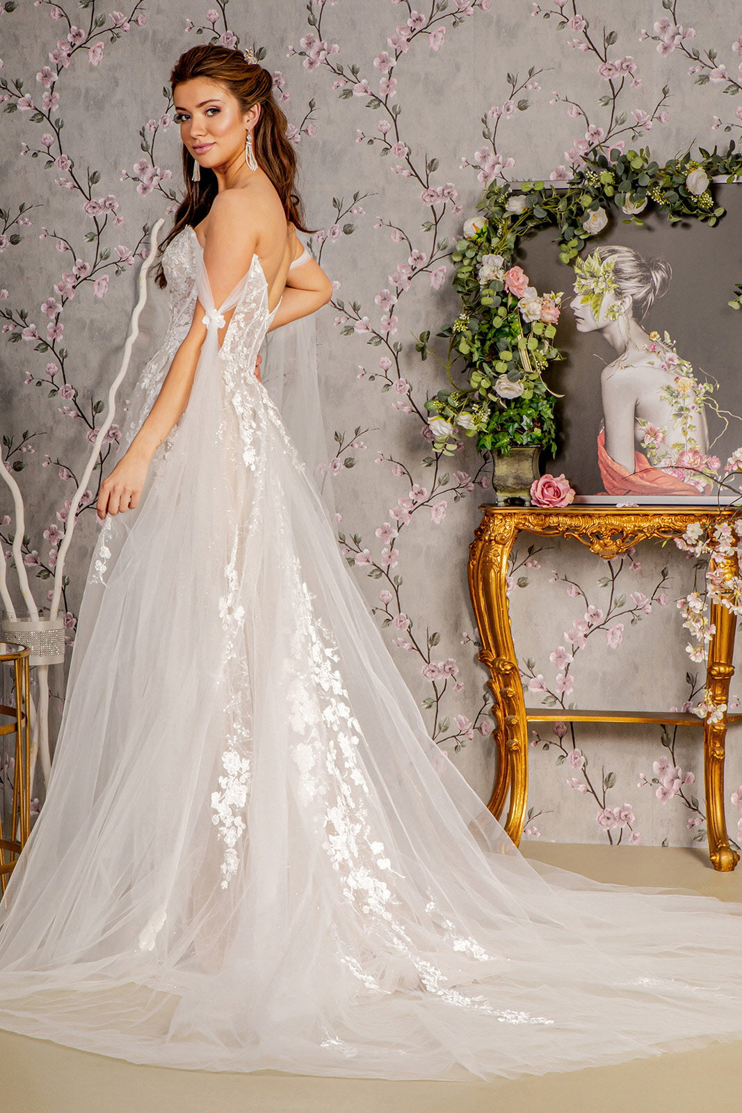 Wedding Dresses  Floral Long Side Drapes A line Wedding Gown Ivory/Champagne