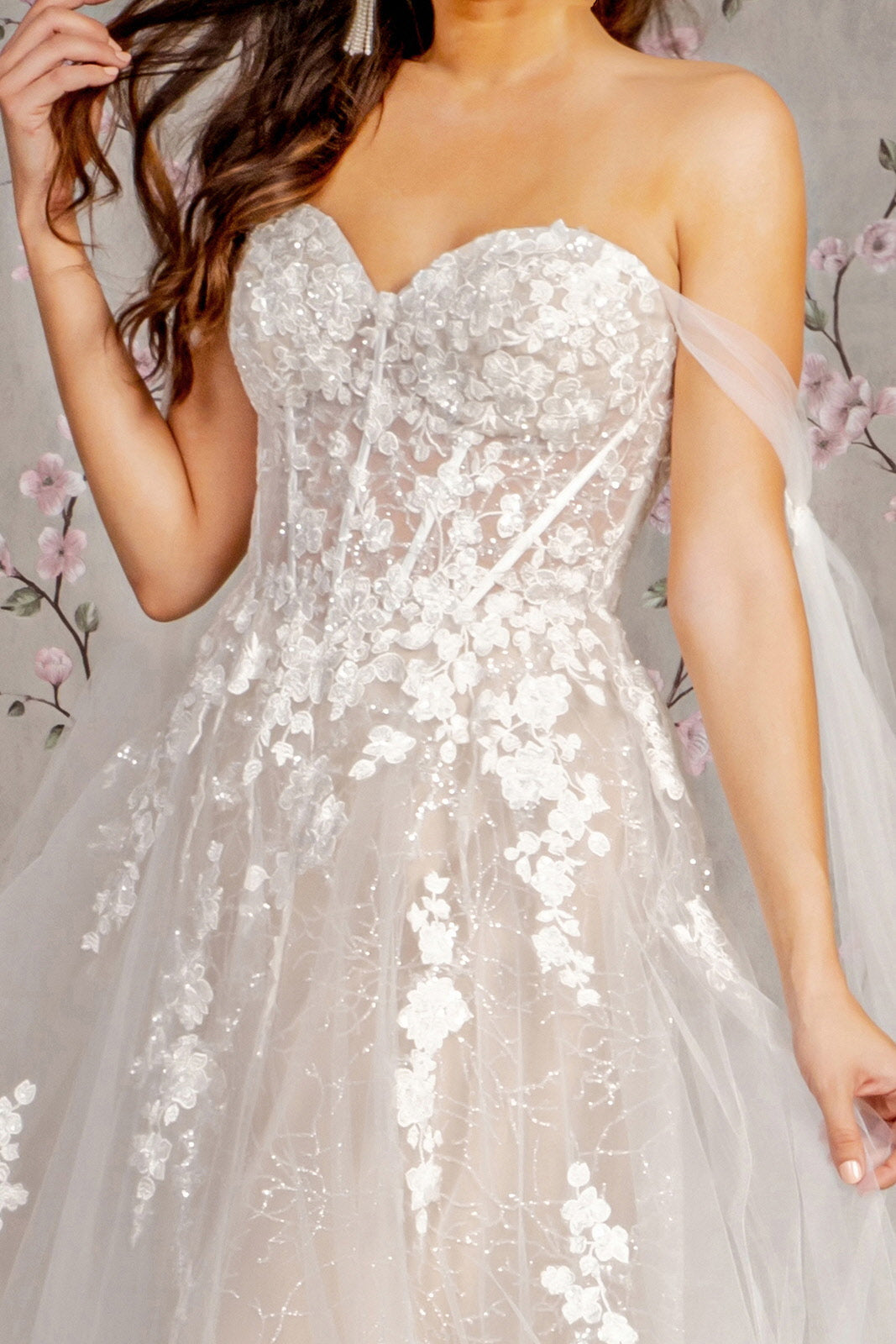 Wedding Dresses  Floral Long Side Drapes A line Wedding Gown Ivory/Champagne