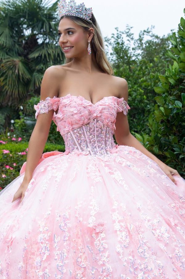 Quinceniera Dresses  Long 3D Floral Applique Corset Quinceanera Dress Blush