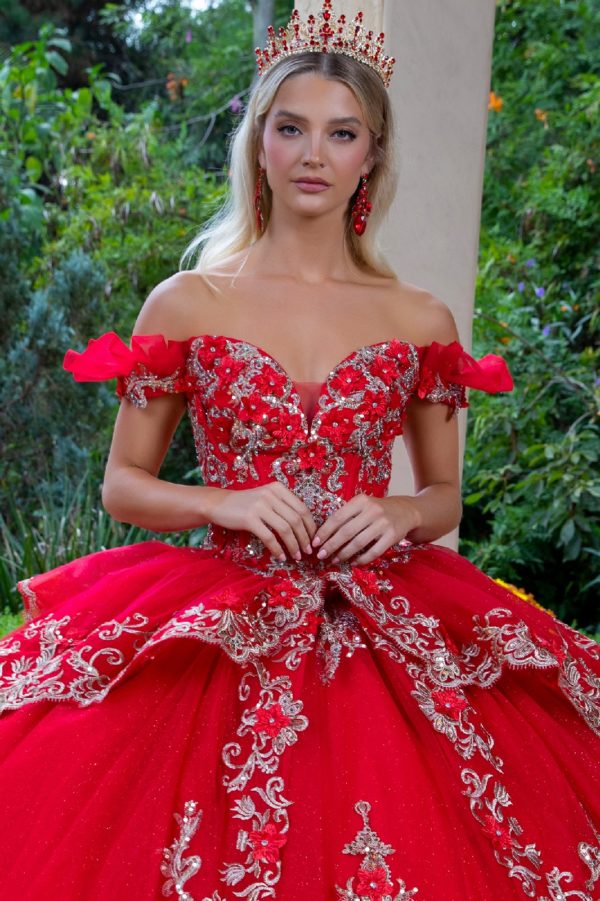 Quinceniera Dresses Long 3D Floral Applique Quinceanera Dress Red