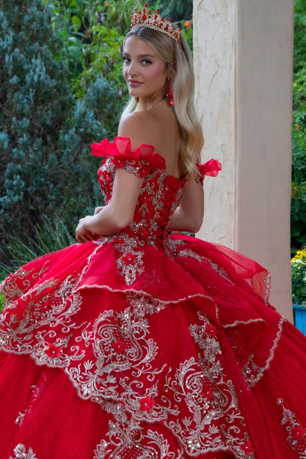 Quinceniera Dresses Long 3D Floral Applique Quinceanera Dress Red