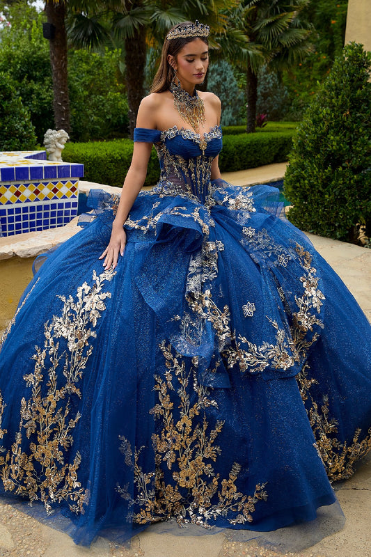 Quinceniera Dresses Long Quinceanera Dress Floral Applique Ball Gown Navy
