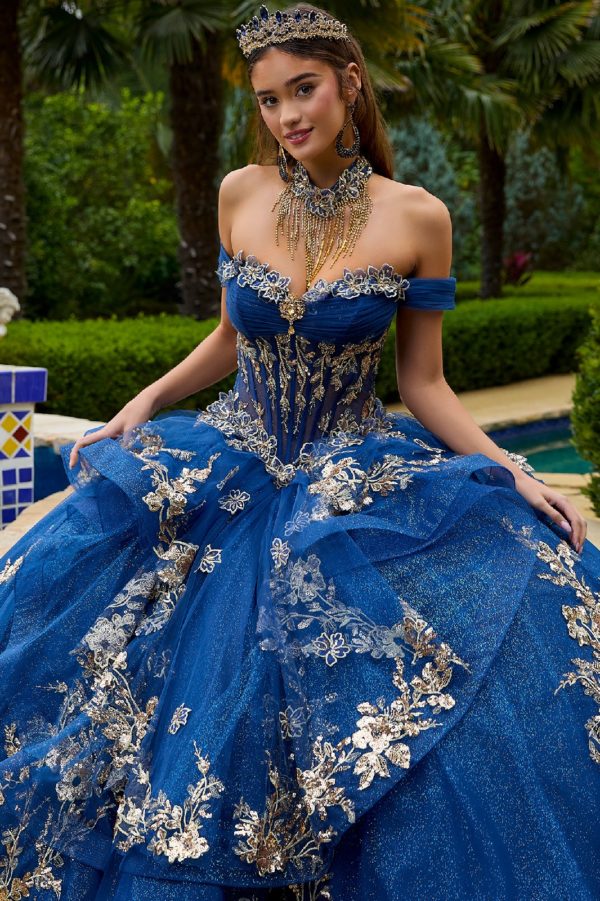 Quinceniera Dresses Long Quinceanera Dress Floral Applique Ball Gown Navy