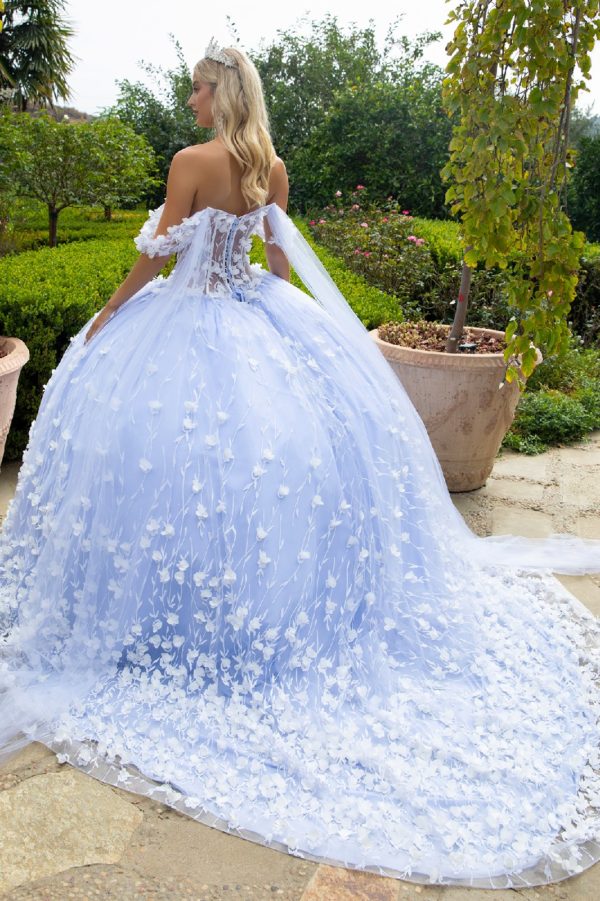 Quinceniera Dresses Long Quinceaneara Dress 3D Floral Applique Glitter Ball Gown Ivory/Blue