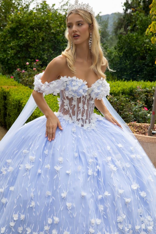 Quinceniera Dresses Long Quinceaneara Dress 3D Floral Applique Glitter Ball Gown Ivory/Blue