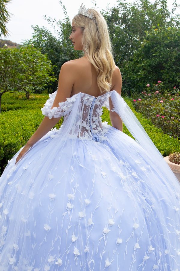 Quinceniera Dresses Long Quinceaneara Dress 3D Floral Applique Glitter Ball Gown Ivory/Blue
