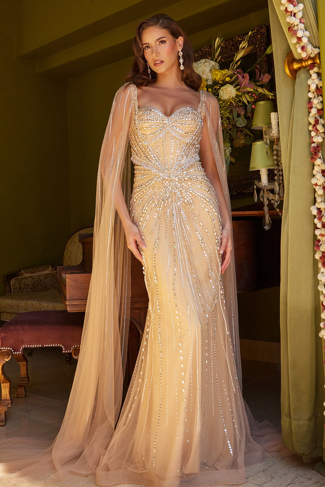 Prom Dresses Prom Long Fitted Formal Beaded Fringe Cape Dress Gold