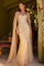 Prom Dresses Prom Long Fitted Formal Beaded Fringe Cape Dress Gold
