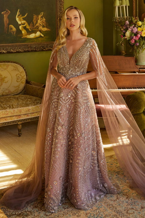 Formal Dresses A Line Long Formal Sequin Cape Sleeve Dress Mauve