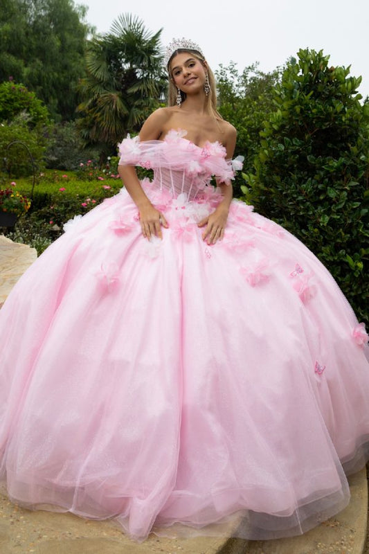 Quinceniera Dresses Long Ball Gown Glitter 3D Floral Applique Quinceanera Dress Pink