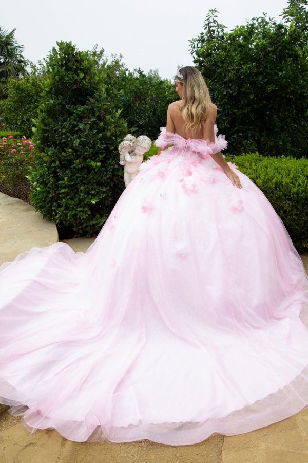 Quinceniera Dresses Long Ball Gown Glitter 3D Floral Applique Quinceanera Dress Pink