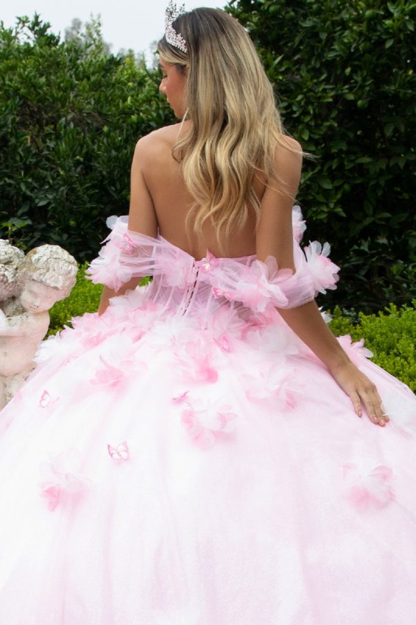 Quinceniera Dresses Long Ball Gown Glitter 3D Floral Applique Quinceanera Dress Pink