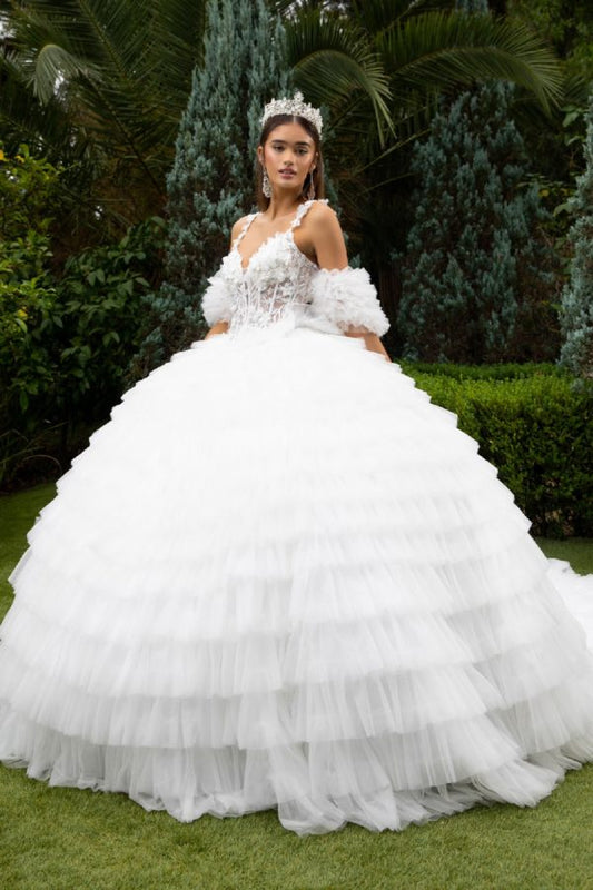 Quinceniera Dresses Long Ball Gown 3D Applique Detachable Sleeve Quinceanera Dress Ivory