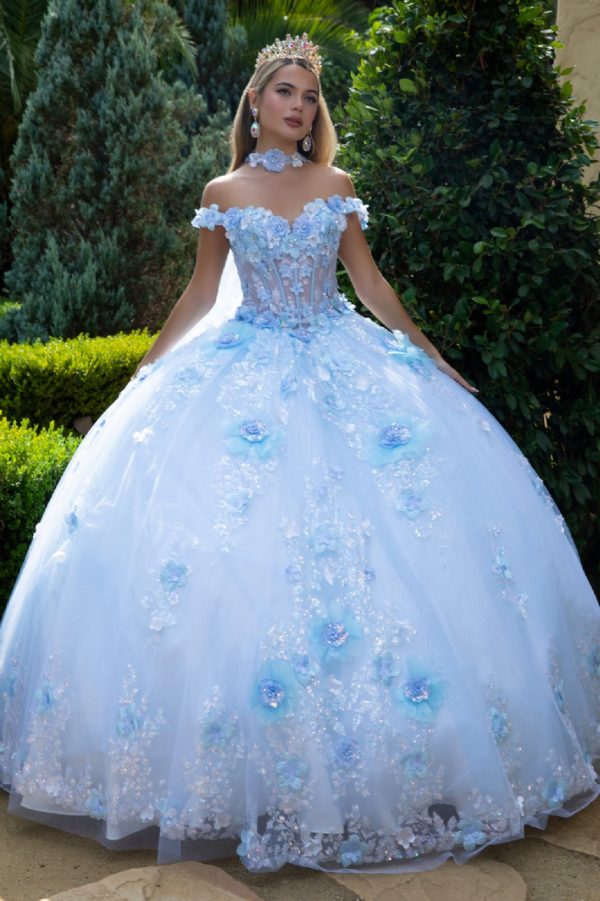 Quinceniera Dresses Glitter Applique Long Ball Gown Long Cape Quinceanera Dress Light Blue