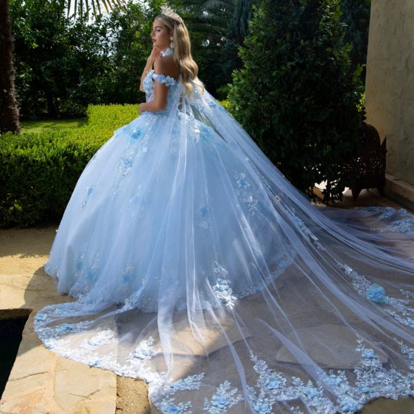 Quinceniera Dresses Glitter Applique Long Ball Gown Long Cape Quinceanera Dress Light Blue