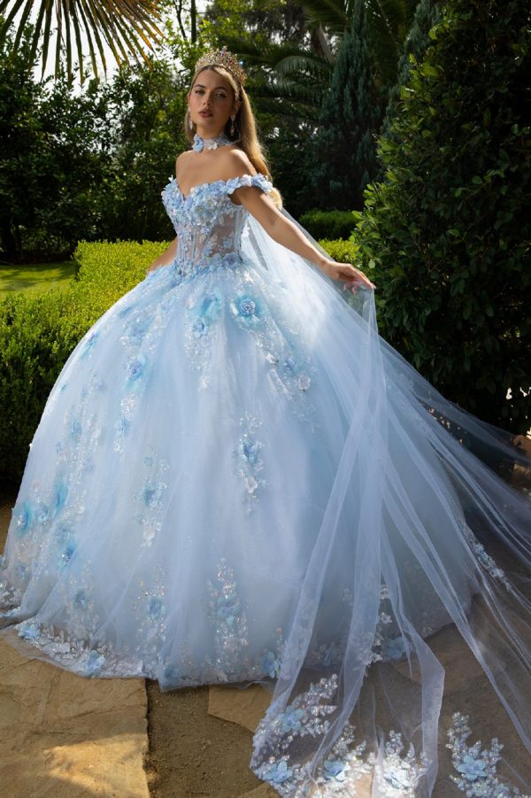 Quinceniera Dresses Glitter Applique Long Ball Gown Long Cape Quinceanera Dress Light Blue