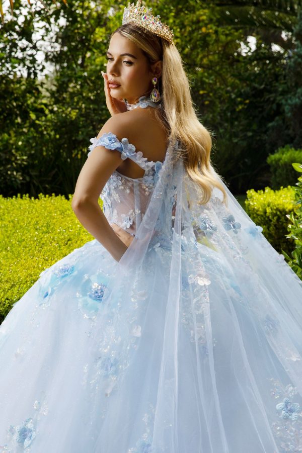 Quinceniera Dresses Glitter Applique Long Ball Gown Long Cape Quinceanera Dress Light Blue