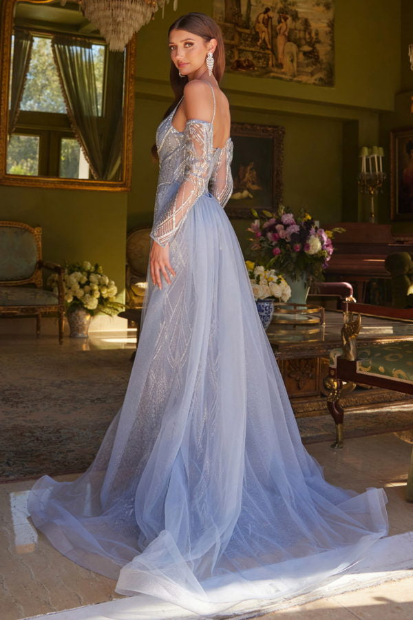 Prom Dresses Fitted Long Formal Glitter Overskirt Prom Dress Smoky Blue
