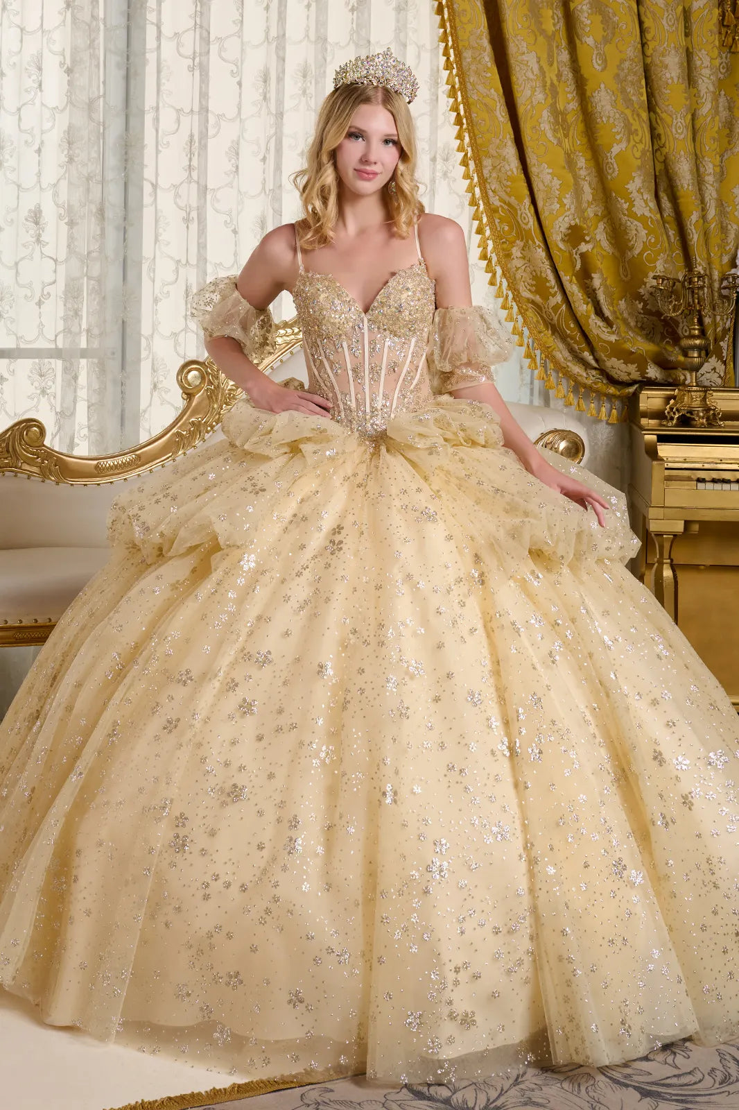 Quinceniera Dresses Glitter Long Ball Gown Metallic Sequin Quinceanera Dress Champagne