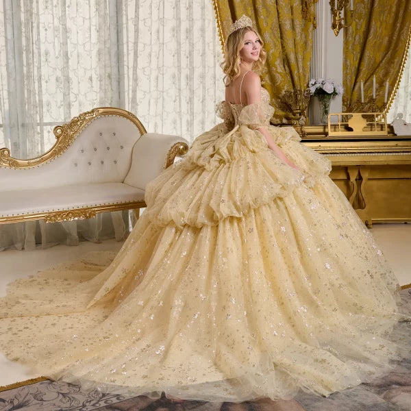 Quinceniera Dresses Glitter Long Ball Gown Metallic Sequin Quinceanera Dress Champagne
