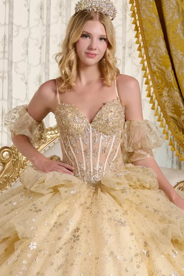 Quinceniera Dresses Glitter Long Ball Gown Metallic Sequin Quinceanera Dress Champagne