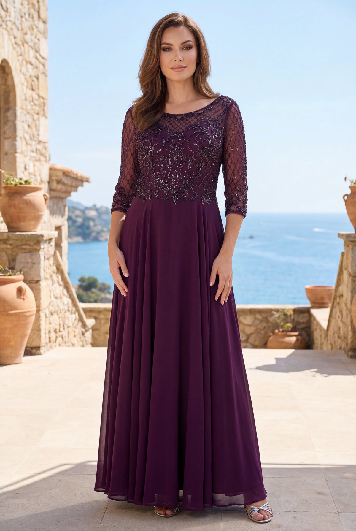 Hand Beaded Long Sleeve Mother of the Bride Dress – Royal Blue
