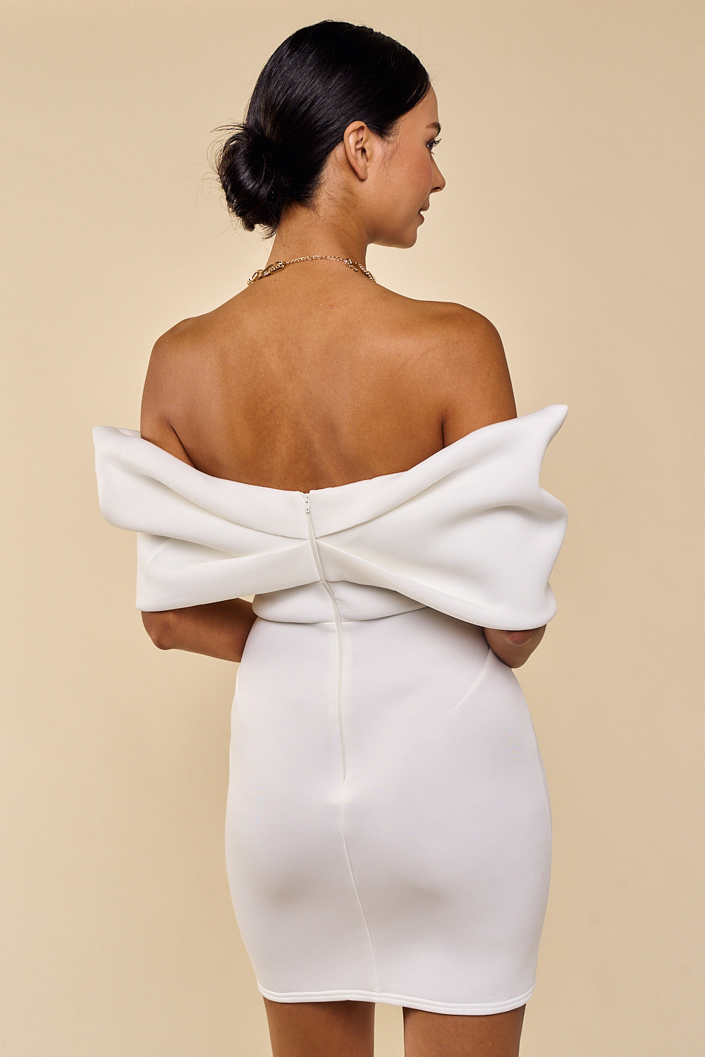 Cocktail Dresses Short Off Shoulder Front Ribbon Scuba Mini Dress Ivory