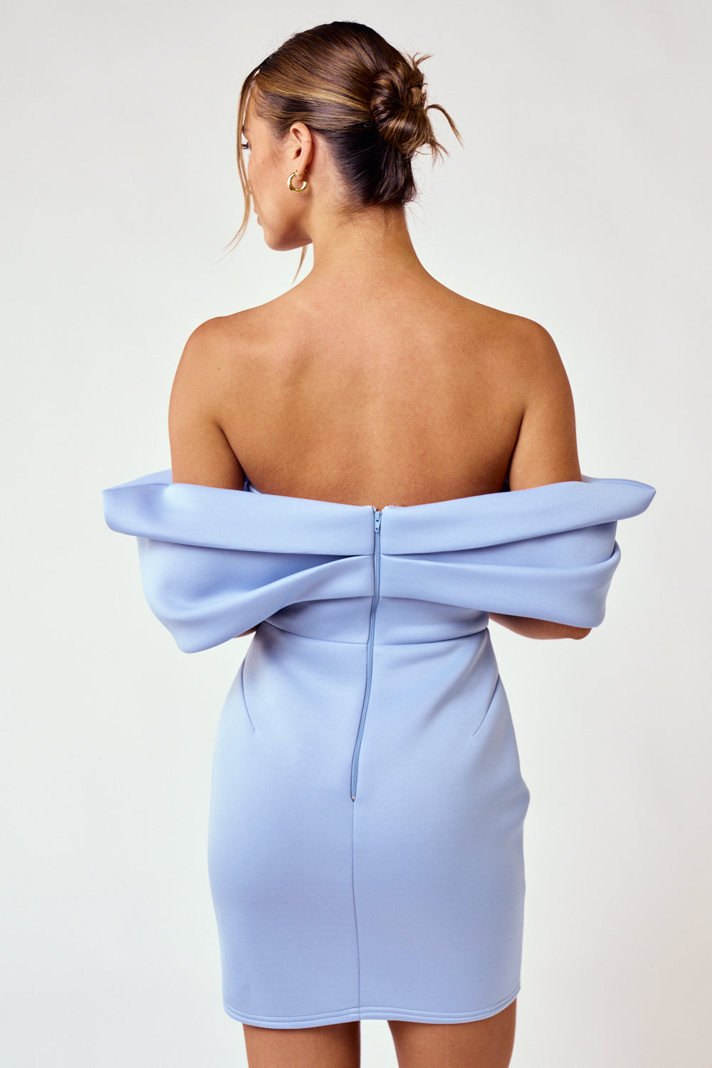 Cocktail Dresses Short Off Shoulder Front Ribbon Scuba Mini Dress Lt Blue