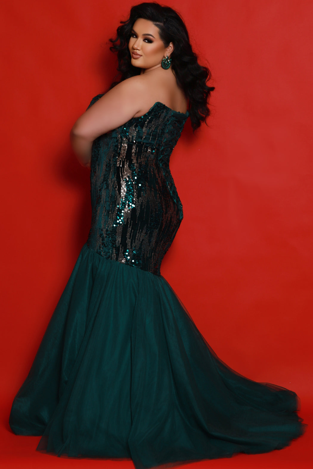 Plus Size Dresses Sequin Long Formal Mermaid Velvet Evening Plus Size Dress  Emerald